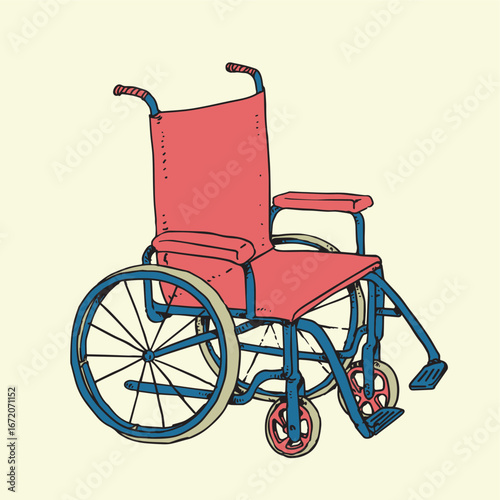 An illustration of a medical wheelchair with a red seat and blue frame. This common piece of medical equipment is used for mobility and is a strong symbol for accessibility, healthcare, and disability