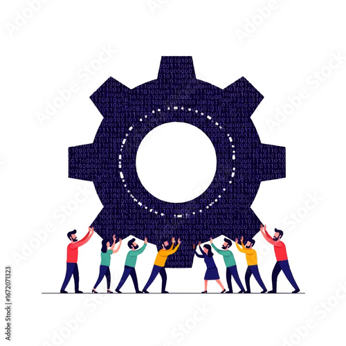 A team of diverse people working together to turn a large gear