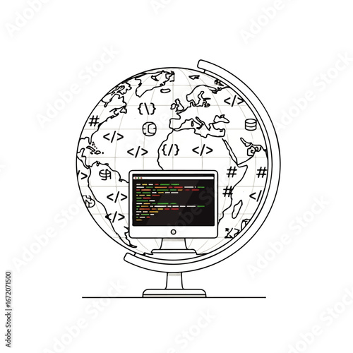 A computer monitor displaying code sits atop a globe, symbolizing global software development and connectivity