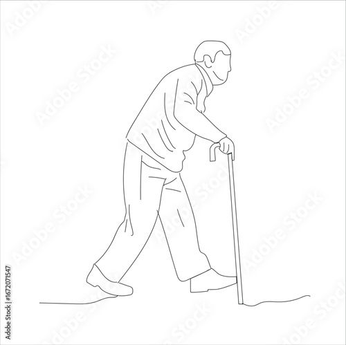 Grandpa using a cane line art. continuous single line drawing of elderly man walking with a cane, 