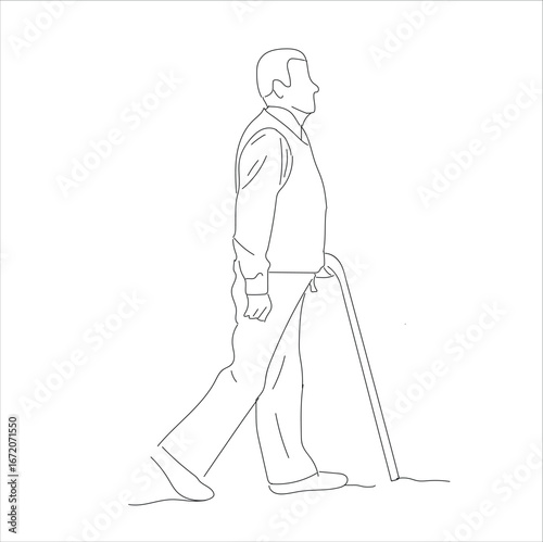 Elderly overweight man with stick. Continuous one line drawing. 
