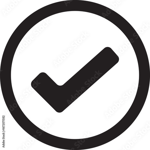 Black checkmark icon within a circular outline, signifying completion, approval, or correctness.