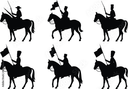 Silhouette cavalry soldiers on horseback with flags and rifles, historical military riders, vintage war horsemen, army cavalry charge illustration, black and white artwork