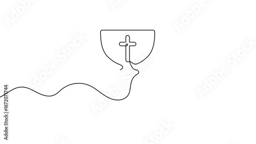 Animation of a single line drawing of chalice with cross. Continuous contour movement of a chalice with cross. Continuous video with one line.