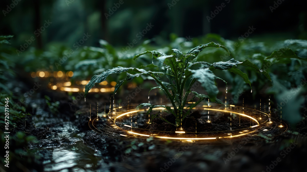 Fototapeta premium Smart farming irrigation glowing ring crop field in misty dawn mood