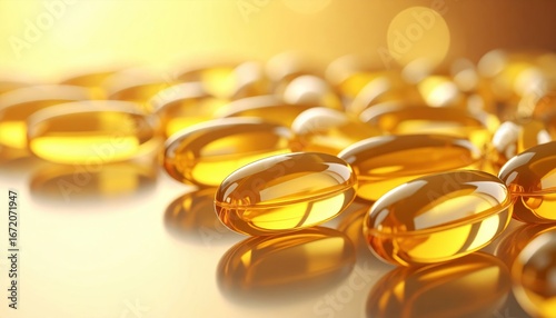 Golden Soft Gel Capsules on Reflective Surface with Warm Background