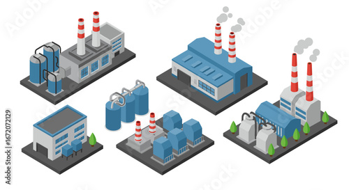 Isometric industrial buildings collection with blue and gray designs