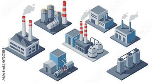 Isometric factory set with industrial buildings and chimneys