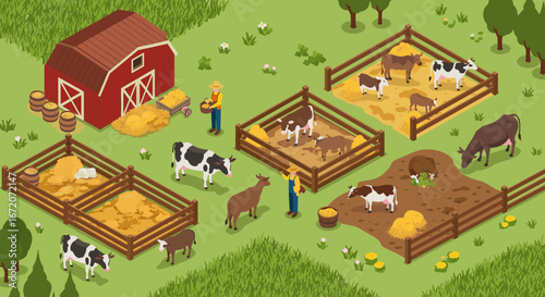 Isometric farm scene with cattle, farmer, and red barn on a sunny day