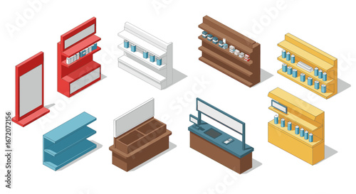 Isometric retail display shelves with various product arrangements for shop interiors