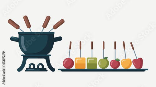 A fondue pot with skewers and fruit on a tray ready for dipping on a plain background illustration