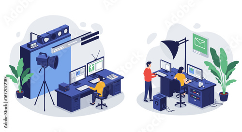 Creative media studio with photography and graphic design elements in isometric style