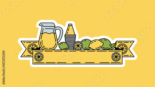 A graphic illustration of lemonade pitcher and lemons on a banner against a yellow background design