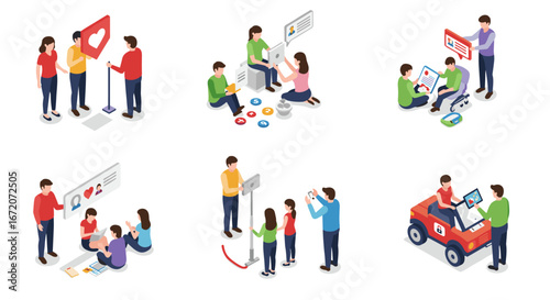 Isometric social media interaction and digital content creation scenes