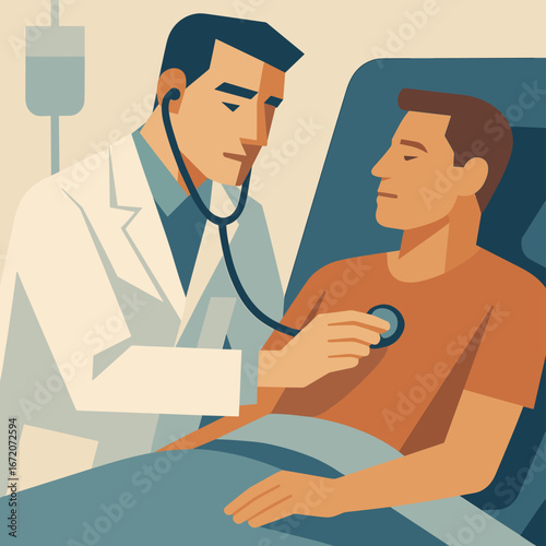 Doctor using stethoscope during patient checkup in hospital room