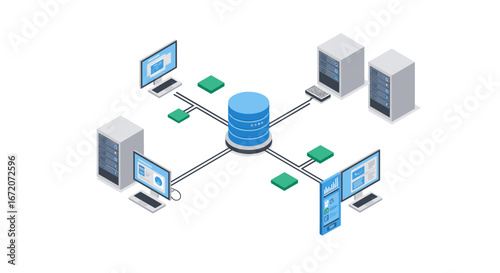 Isometric server network diagram with connected devices and central data storage