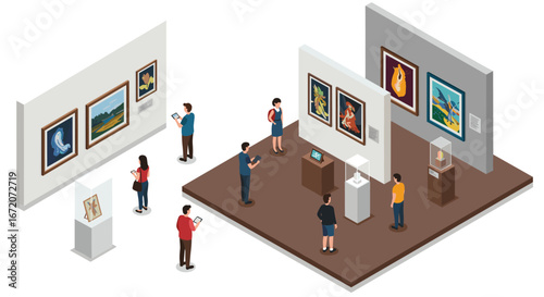 Art exhibition with people viewing various paintings and sculptures in isometric gallery