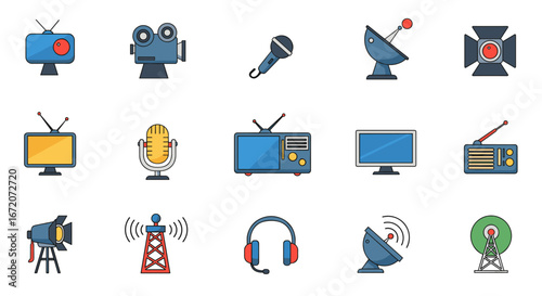 Broadcast and communication icons set: flat colored designs of technology elements