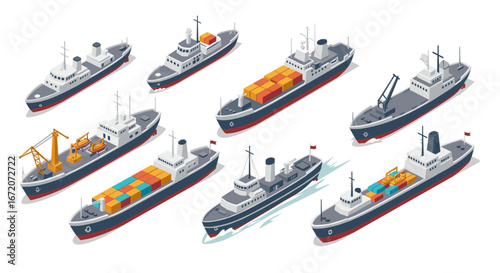 Isometric cargo and cruise ships collection with containers and cranes