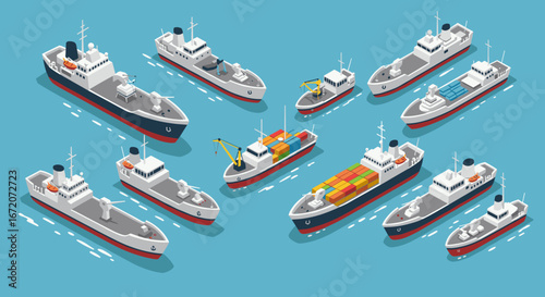 Isometric ship collection on blue ocean background