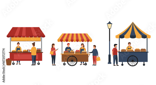 Outdoor market stalls with people interacting at food carts