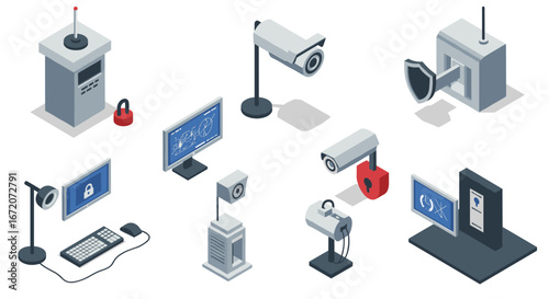 Isometric security technology icons featuring cameras and control panels
