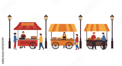 Vibrant street market stalls with people and lighting in flat design