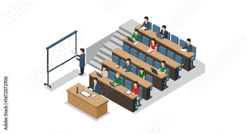 Isometric classroom lecture scene with teacher and students in a modern educational setting