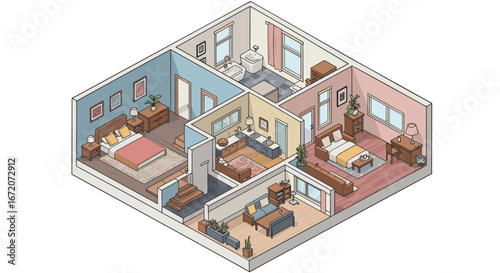 Cozy isometric apartment interior with bedrooms and living area in soft pastels