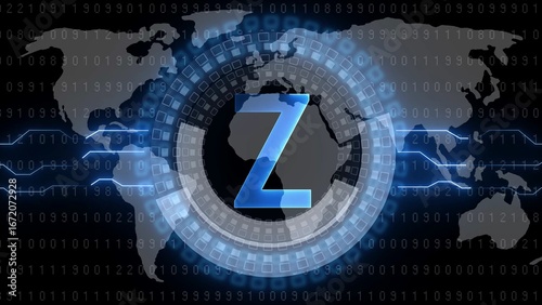 Blue Letter Z In Futuristic Digital Globe With Binary Code And World Map Background abstract alphabet