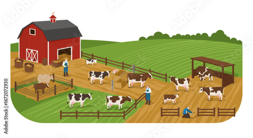 Charming farm scene with cows and farmers in flat design