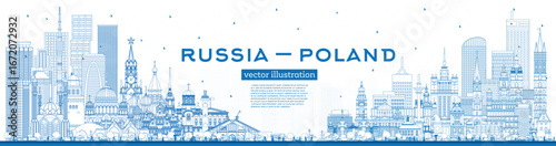 Outline Russia and Poland skyline with blue buildings. Famous landmarks. Poland and Russia concept. Diplomatic relations between countries.