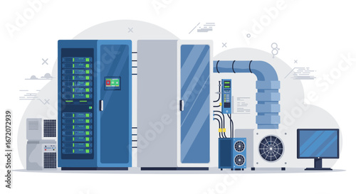Modern data center cooling system in flat design with server racks and airflow control