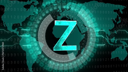 Digital World Map with Binary Code and Glowing Letter Z Symbol technology data