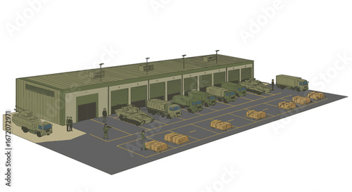 Modern military warehouse with vehicles and cargo in isometric style