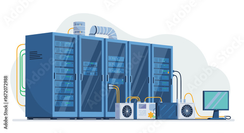 Data center server room with cooling units and monitor in flat style