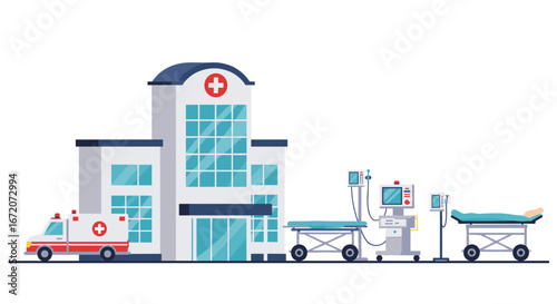 Modern hospital building with ambulance and medical equipment in flat style