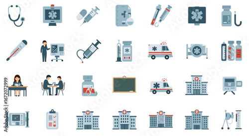 Comprehensive medical icon set featuring hospital, ambulance, stethoscope, and syringe in flat design