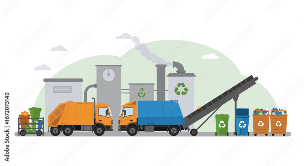 Fototapeta premium Recycling plant with trucks and bins in flat design for eco-friendly waste management
