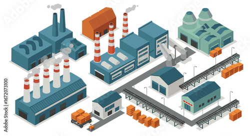 Isometric industrial complex with factories and warehouses in modern design