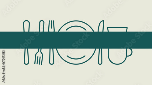 A minimalistic illustration of cutlery and tableware with a green banner across the center