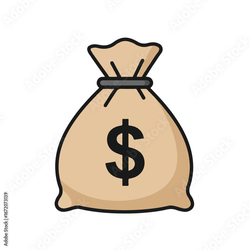 Money bag with dollar sign sitting on white surface representing wealth and financial success, simple and clean concept.