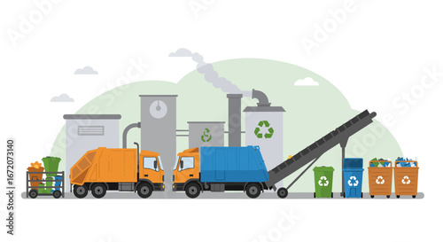 Recycling plant with trucks and bins in flat design for eco-friendly waste management