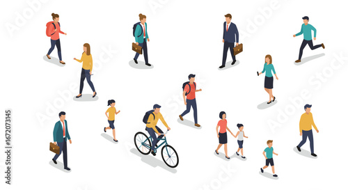 Diverse people walking and biking in isometric style on white background