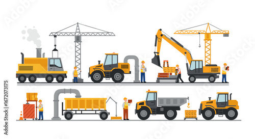 Construction machinery and workers in flat design on a construction site