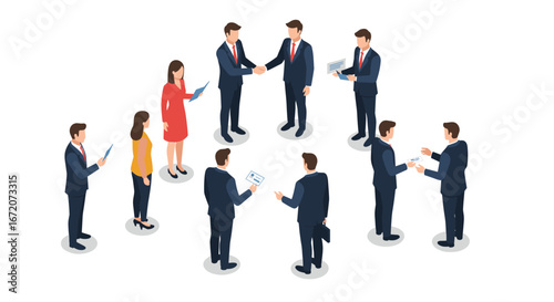 Isometric business meeting: professionals collaborating and networking in office attire