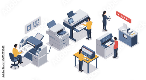 People operating office printers and plotters in isometric style for modern workspaces