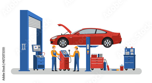 Modern vehicle maintenance scene with mechanics in workshop setting