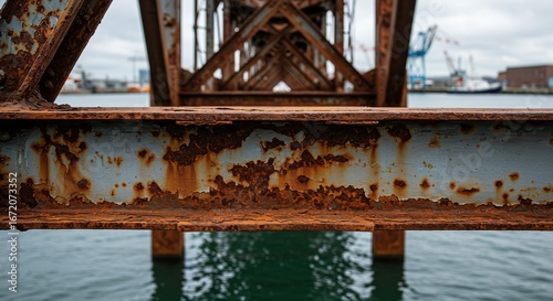 Close up of aged metal structure over water showing rust and corrosion with distant cranes viewable