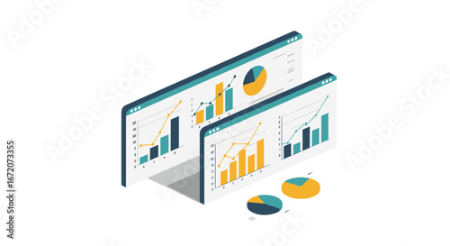 Isometric financial analysis charts with graphs and pie diagrams